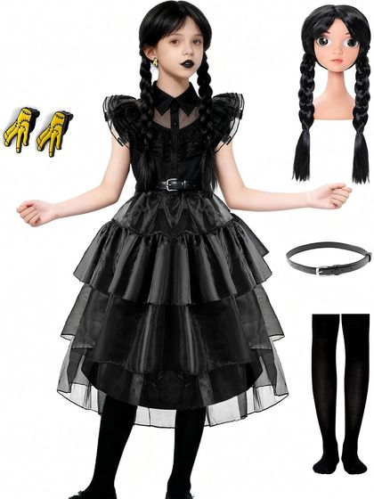 Black Family Cosplay Dress for Girls with Wig and Earrings